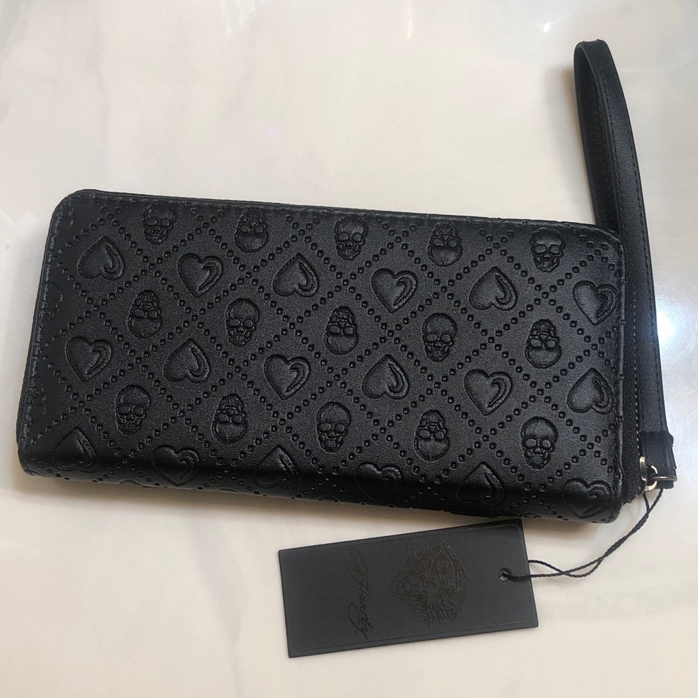 Ed Hardy Black Faux Leather ZA Wallet Embossed Skull & Heart Pattern NWT - Picture 8 of 16